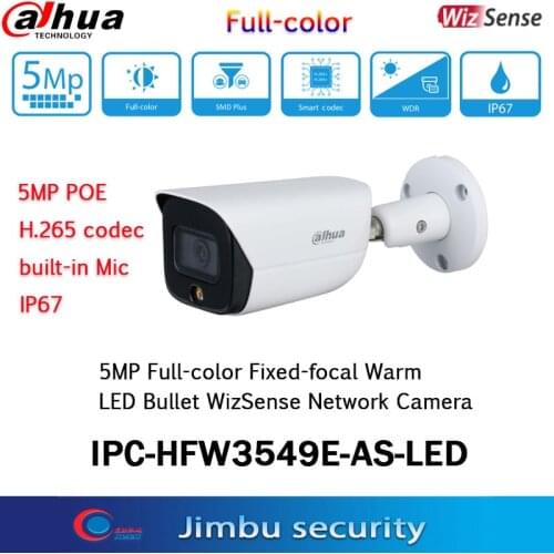 Dahua 5MP Full-color IP camera IPC-HFW3549E-AS-LED built-in Mic WizSense PoE power built-in Mic & warm light IR30M H.265+ Bullet