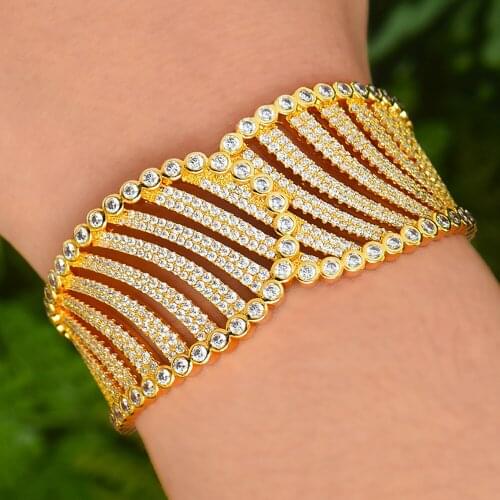 KellyBola Luxury Noble Hollow Open Bangle for Women Bridal Wedding Engagement Party Show Jewelry Wide Fashion Bangle Accessories