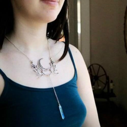 Silvery Moon // Crescent Moon and Silver Branches Necklace, Raw Crystal and Forest Twig Jewelry, Woodland Accessory