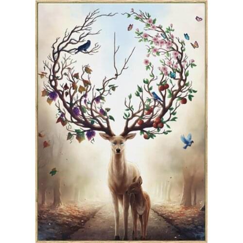 SHGO HOT-Wall Art Deer Stag with Long Antler Bloom and Bear Fruit Pictures Prints On Canvas Contemporary for Living Room Home De
