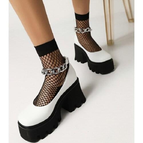 Sianie Tianie New Punk Goth White Black Square Toe Chunky High Heels Woman Shoes Metal Chain Ankle Strap Women Mary Janes Pumps