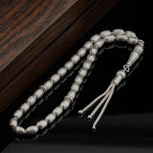 Barley Cut Line Design Silver Tasbih Model 2 Natural Stone Beads Middle East Prayer Islamic Muslim Tasbih Made in Turkey