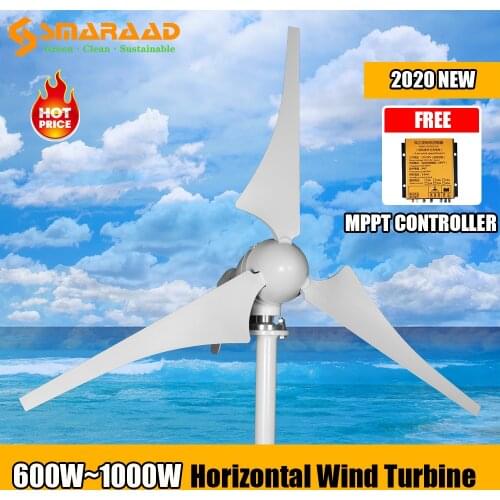 Factory Outlet 600W 800W 1000W New Energy Horizontal Wind Turbine Generator 12v 24v 3/5 Blades Windmill Free MPPT Controller