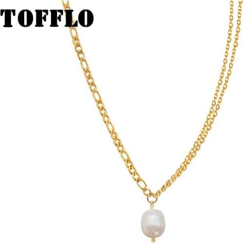 TOFFLO Stainless Steel Jewelry Double Chain Freshwater Pearl Necklace Womens Simple Clavicle Chain BSP832