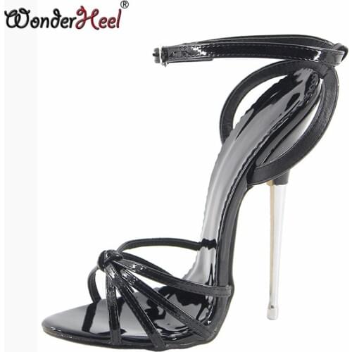 Wonderheel 2017 summer Extreme high heel 16cm metal heel Sexy High Heel Ankle strap black patent fashion show hot women sandals