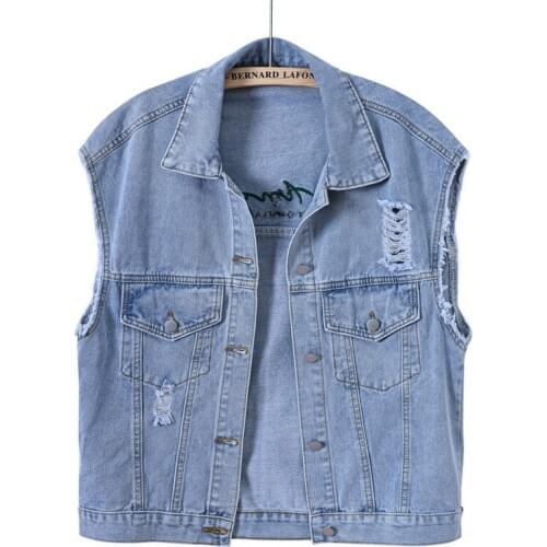 FNOCE 2021 new spring womens ripped jeans vests fashion trends casual streetwear letter embroidery loose slim hole denim vests