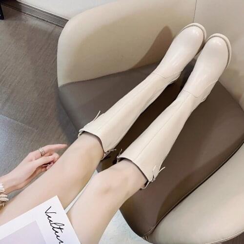 2021 Fashion Winter Womens Shoes Zipper Round Toe Womens Boots Knee High Boots Genuine Leather Big size 34-40