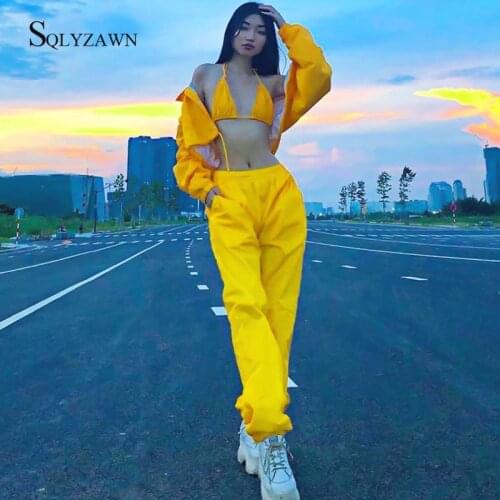 Gothic Womens Jogger Three Piece Set Streetwear Crop Top + Coat Jacket +Long Pants Sweatsuits Autumn Winter Tracksuit Outfits