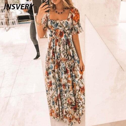 Summer Bohemia Dresses For Women Square Collar Short Sleeve Slim A-Line Party Dress Women Fashion Print Long Dress 2021