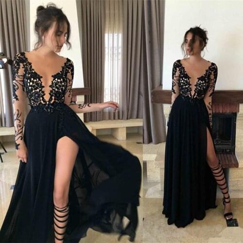 Robe de Soiree Courte Sexy Black Evening Dresses Long Arabic Evening Gowns Lace Long Sleeve Prom Dress 2019 Split Side Chiffon