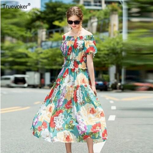 Summer Runway Fashion Holiday Dresses Womens Elegant Off The Shoulder Flower Print Midi Beach Dress