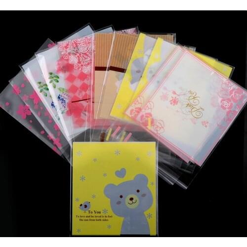 10x14cm 50PCS Cute Flower Bear Bow Plastic Bag Wedding Birthday Cookie Candy Gift Packaging Bags OPP Self Adhesive Party Favors