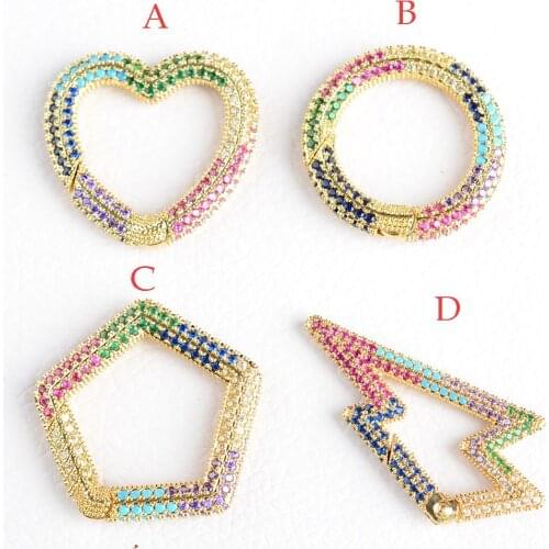 3PCS, Rainbow CZ Micro Pave Round / Heart / Round / Lightning /diamond Shape Clasp, Gold Color Carabiner Clasp