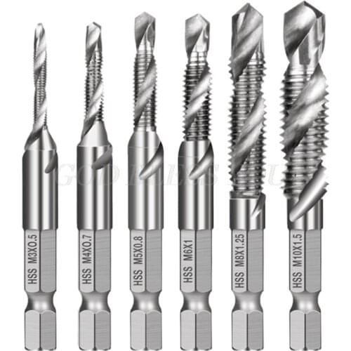 6pcs M3-M10 Screw Tap Drill Bits HSS Taps Countersink Deburr Set Metric Combination Bit 1/4Inch Hex Shank Quick Change