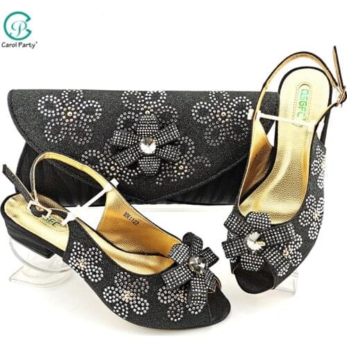 African 2021 Italian Design New Arrival Black Color Hot Selling Low Heels Women Shoes and Bag Set for Party Wedding