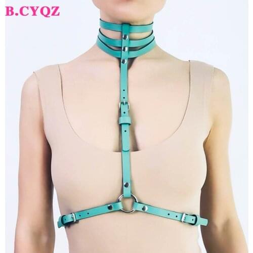 B.CYQZ Womens Harness Top Green Adjustable Leather Suspender Sexy Goth Garter Body Bondage Belt Stocking Straps Rave Clothes