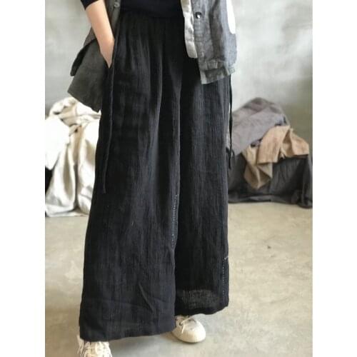Women Retro Spring Summer Cotton Linen Wrinkle Wide Leg Pants Ladies Elastic Waist Wide Leg Trousers Female Loose Pants 2021