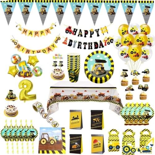Excavator Vehicle Birthday Balloon Paper Plate Napkin Truck Cake Topper Banner Construction Kid Birthday Party Decor Baby Shower
