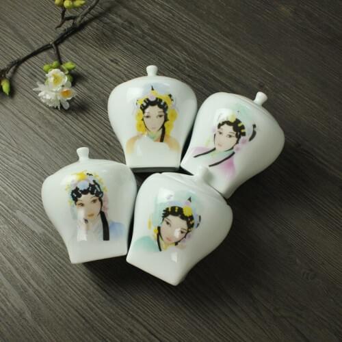 Four classic beauty white porcelain tea pot ceramic powder pot seal small Beijing Opera Mini flower tea black tea pot Retro