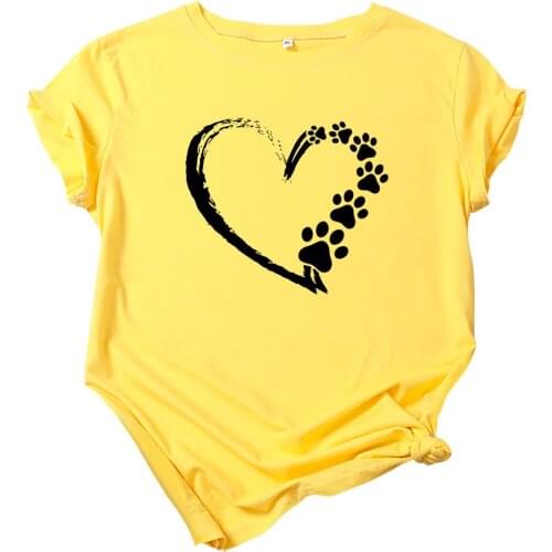 MK Casual Heart Footprints Printed Cotton Short-Sleeved T-Shirt Women Summer Top Tees Round Neck Tshirts Loose Pullovers S-XXL
