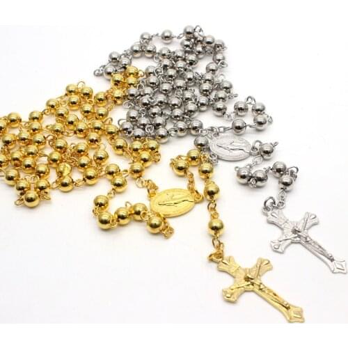 Christianity Religious Metal Beads Rosaries Gold Silver Color INRI Cross Jesus Pendants Necklaces for Men Unisex Church Jewelry