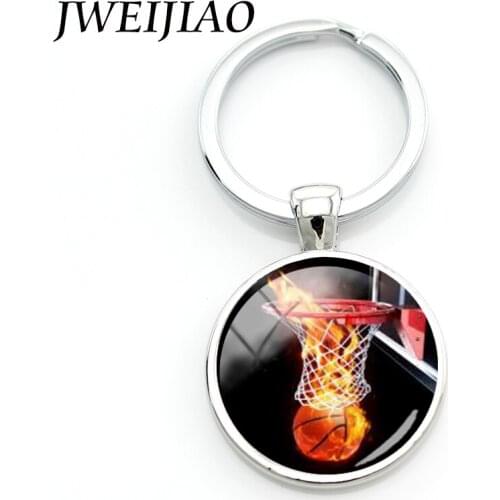 JWEIJIAO Flaming Basketball Keychains Sports Photo FIREBALL Glass Dome Design Key Car Pendant Jewelry Gift E824