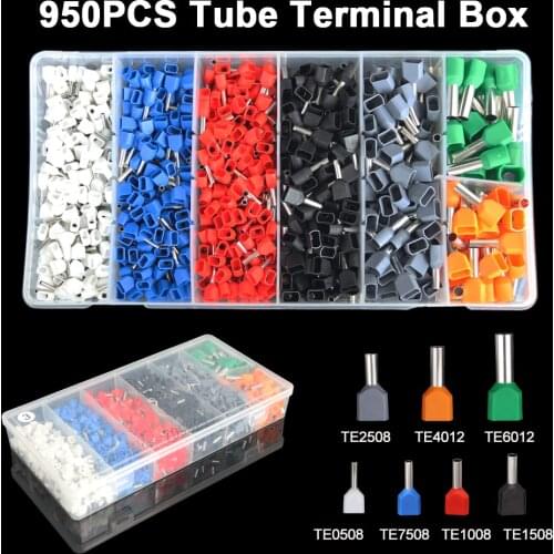 950pcs Dual Wire Tube Terminal Kit 2*0.5-6mm2 Ferrule Insulated Double Wiring Crimp Terminals Connector Cable Terminal Suit Set