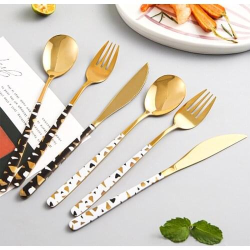 Creative Colorful Long Handle Coffee Spoon Teaspoon Stainless Steel Tableware Steak Knife Fork Golden Cutlery Kitchen Utensils
