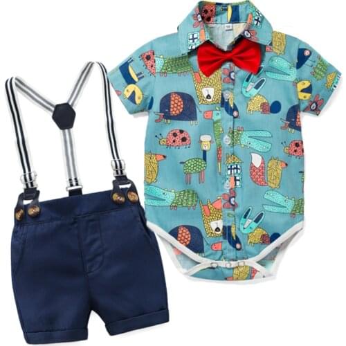 Newborn Boy Summer Clothes Baby Bow Suit 2021 Children Rompers Set Cute Print Short-sleeves Boys Outfits 3 9 12 24 Months