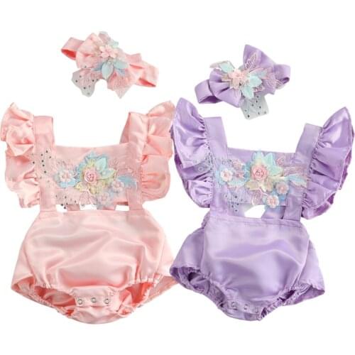 FOCUSNORM Lovely Baby Girls Summer Rompers Headband Flowers Printed Embroidery Ruffles Short Sleeve Backless Jumpsuits