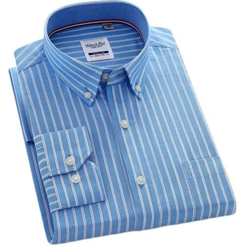 100% Cotton Mens Striped Shirts Casual Long Sleeve Business Men Shirt Checkered Button Collar with Front Pocket Comfortable New
