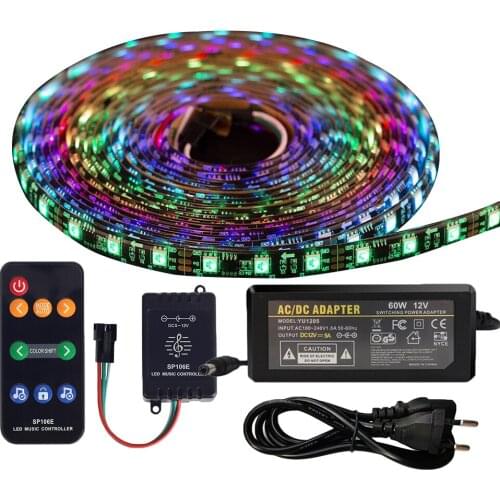 Music control LED Strip set Dream color WS2811 LED Strip 5050 RGB 5M/Lot with Music controller RF Remote,12V Adapter EU/US Plug