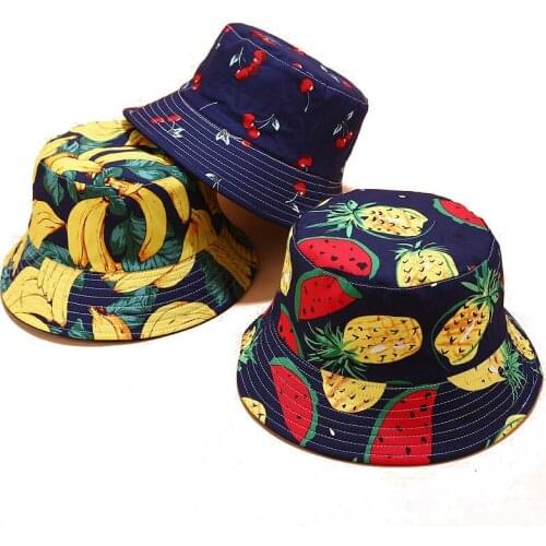 Autumn Two Layers Panama Bucket Hat Women Men Harajuku Hip Hop Bucket Cap Reversible Fruit Banana Watermelon Print Fisherman Hat