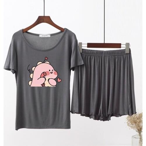 Modal Cotton Women Pajamas Set Leisure Short Sleeve Summer Homewear Cute Cartoon Couple Little Dinosaur Pattern Women Sleepwear