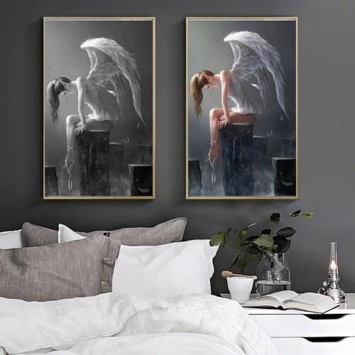WANGART Larger Size Modern Angel Wings Black And White Anime Poster Oil Painting Wall Art Pictures For Living Room Home Decor