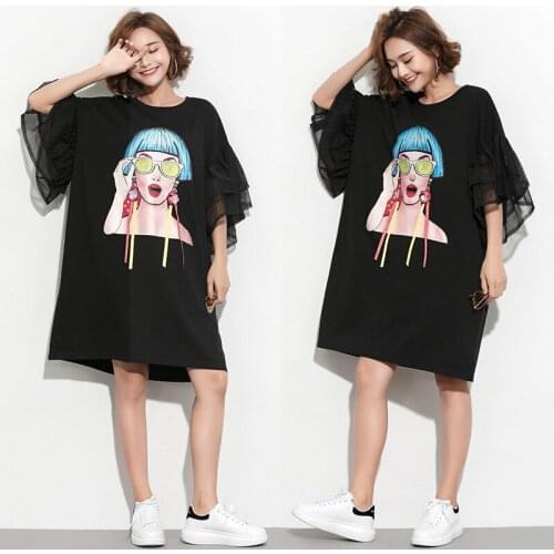 Splice Ribbon Cartoon Pattern Dress Women Puff Mesh Sleeve Plus Size Casual Party Black Dress Korean Style Casual T Shirt Dress