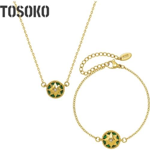 TOSOKO Stainless Steel Jewelry Star Zircon Acrylic Pendant Necklace Can Wear bracelet Set On Both Sides BSP1096