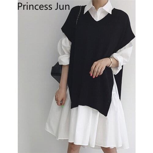 Korean Fashion Two Piece Set Women 2021 New Spring 2 Piece Outfits Chic Long Black White Shirt Dress&V Neck Knitted Sweater Vest