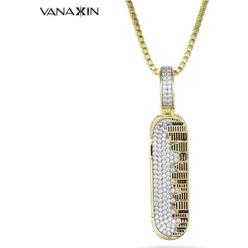 VANAXIN US City Design Paved Cubic Zircons Pendants Skateboard Pendants For Men Rock Jewellery Gold Color Long Chain