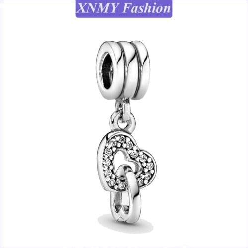 XNMY New Original Silver Color Interlocking Hearts Dangle Charm Fit European Pandora Bracelet Necklace Diy Women Jewelry Making