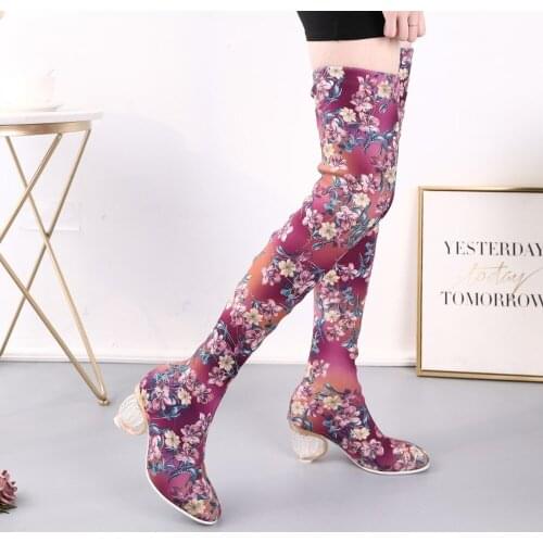 OLOMLB Women Print Floral Stretchy Over Knee Thigh Boots Crystal Ball Strange Heel Shoes Mixed Color Plus Size 34-48 New 2020