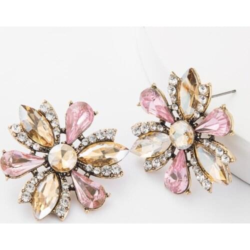 Full Crystal Rhinestone Flowers Big Earrings Women Vintage Statement ZA Earrings Jewelry Female Luxury Retro Indian Earrings