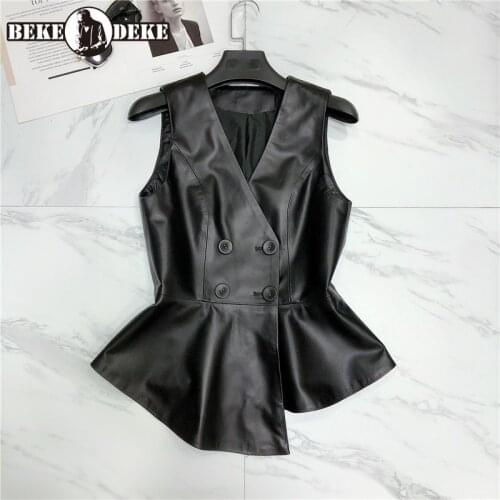 Designer OL 100% Genuine Leather Vest Women Slim Double Breasted Short Waistcoat V-Neck Party Lady Sheepskin Sleeveless Jacket
