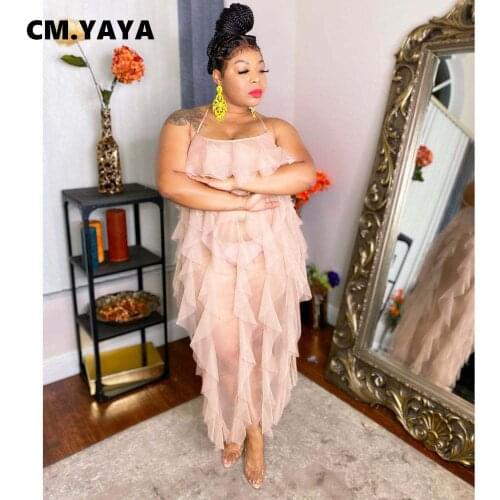 CM.YAYA Women Plus Size Dress Solid Mesh See-through Sleeveless Strap O-neck Long Maxi Dresses Sexy Fashion Vestidos Summer 2021
