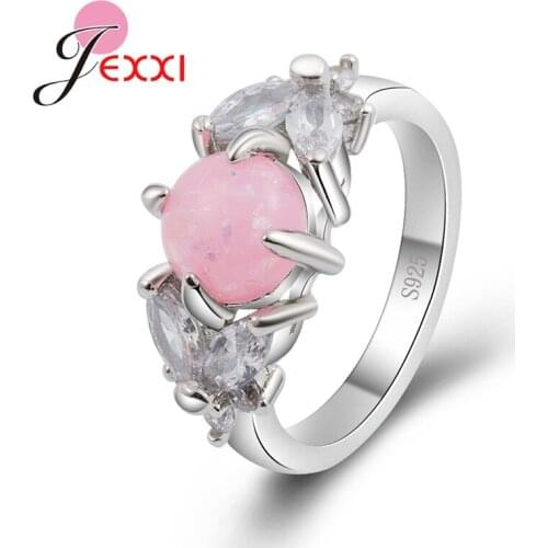 Fashion Wholesale Round Pink Opal 925 Sterling Silver Band Rings Jewelry For Girls Women Wedding Favorite Bijoux Bague