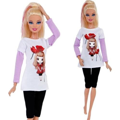 1 Set Cute Outfit Long Sleeves Rose Girl Pattern T-Shirt Blouse Trousers Daily Casual Wear Clothes for Barbie Doll Accessories