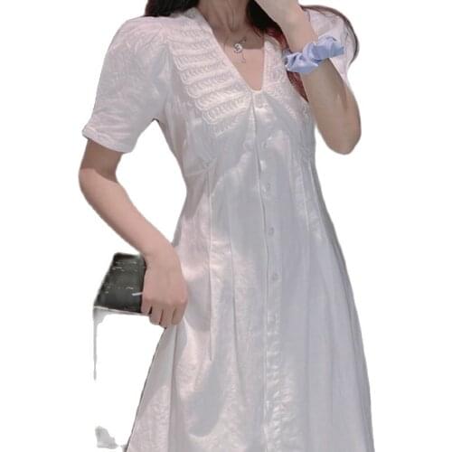 2021 French Vintage Lady Dress Summer Single-Breasted Doll Collar Puff Sleeve Dresses Female Elegant Little White Skirt Party