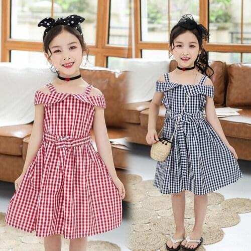 2021 Dress For Girls Plaid Pattern Dress For Kids Girl Off Shoulder Party Dress Child Summer Clothes Girl 6 8 10 12 14