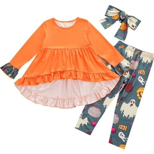 1-5Years 3Pcs Kids Halloween Clothes Set Tracksuit Splicing Long Sleeves Frilly Tops Ghost Print Pants Headband for Girls Baby