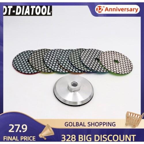DT-DIATOOL 8pcs/set Diamond Dry Polishing Pads and AL based backer Resin Bond Sanding Disc For Granite Marble Dia 4"/100mm
